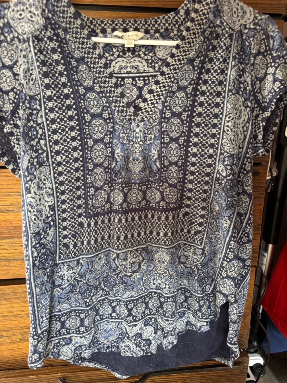 Lucky Brand Navy and White Paisley Mix Short Sleeve Top